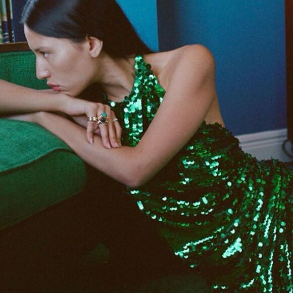 Ronny Kobo Alix‎ Green Sequined Halter Midi Gown New Small - Picture 3 of 16